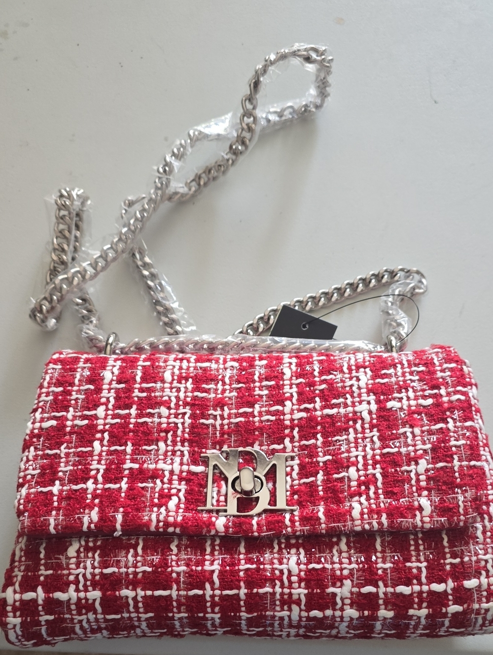 Badgley Mischka Red and White Tweed Chain Crossbody Bag